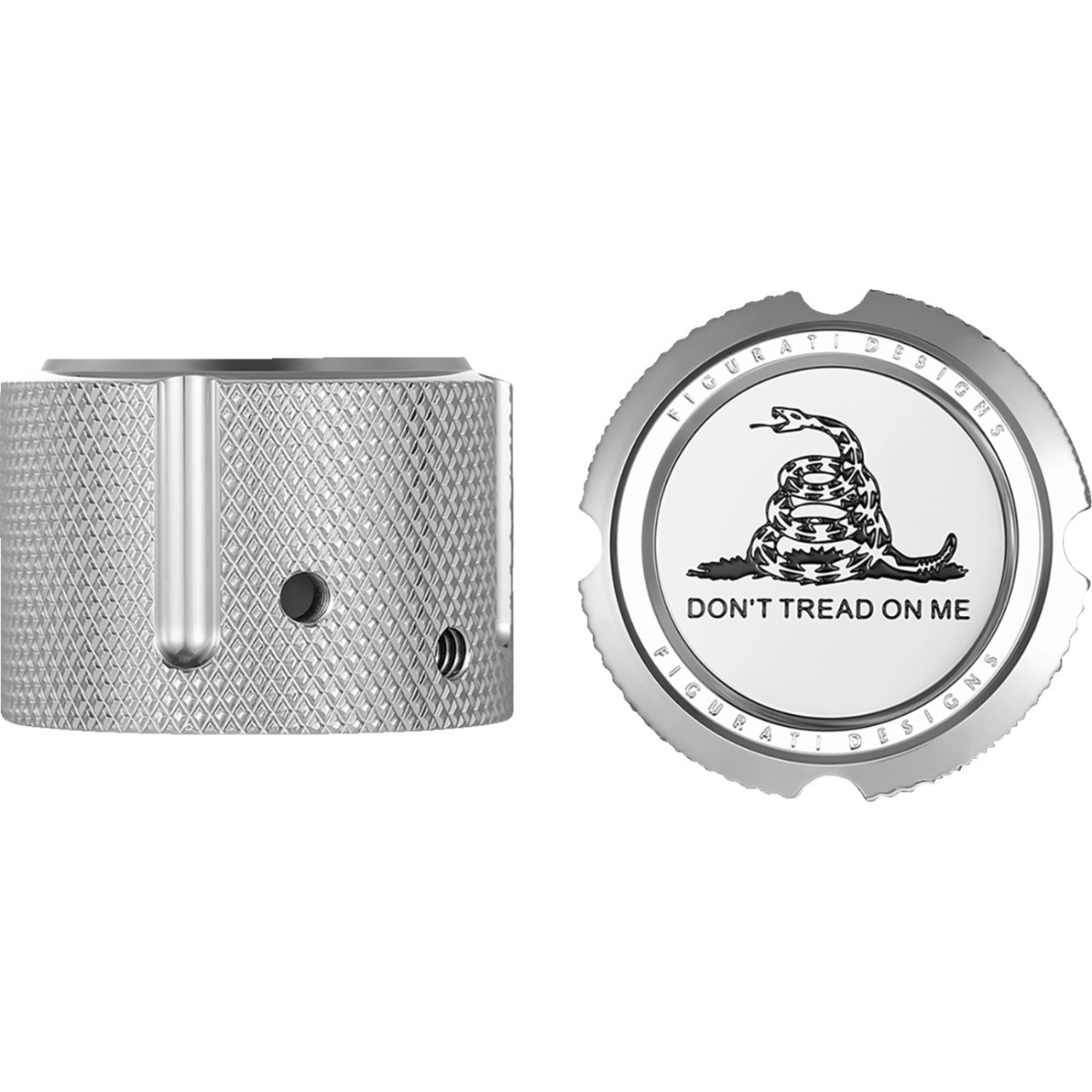 Figurati Designs #FD40-FAC-SS - Axle Nut Cover - Front - Stainless Steel - Don't Tread On Me - Silver