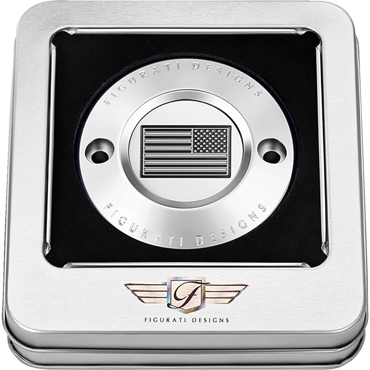 Figurati Designs #FD26R-TC-2H-SS - Timing Cover - 2 Hole - American Flag - Contrast Cut - Stainless Steel