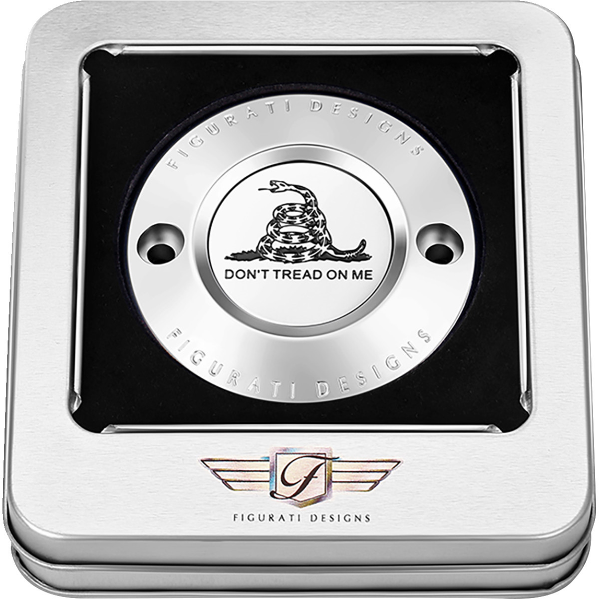 Figurati Designs #FD40-TC-2H-SS - Timing Cover - 2 Hole - Don't Tread on Me - Stainless Steel