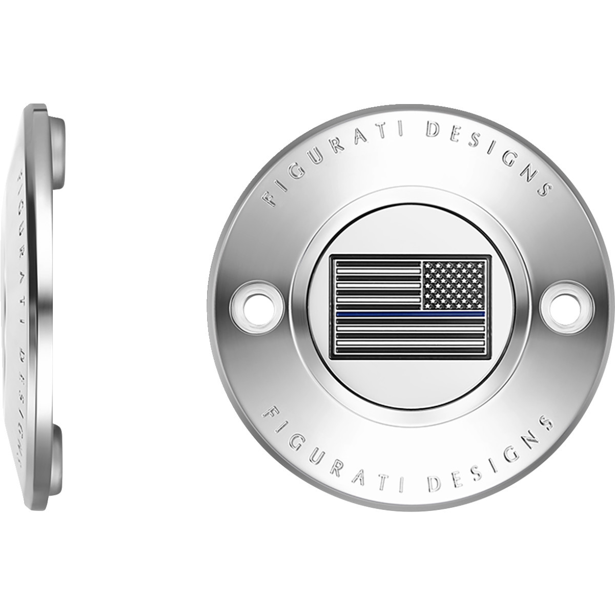 Figurati Designs #FD70-TC-2H-SS - Timing Cover - 2 Hole - Blue Line American Flag - Stainless Steel