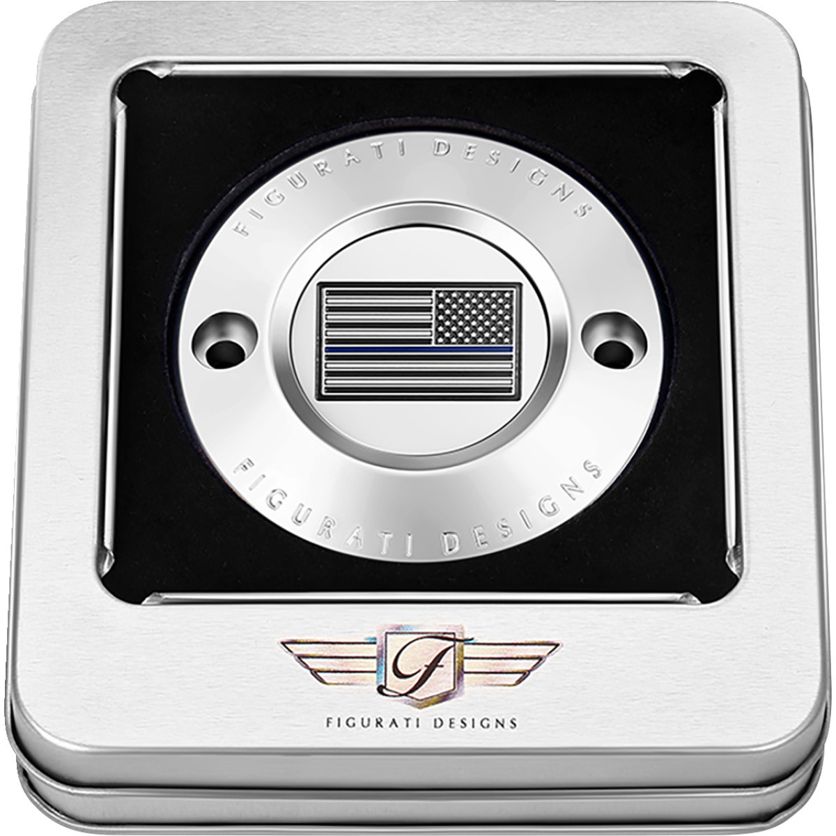 Figurati Designs #FD70-TC-2H-SS - Timing Cover - 2 Hole - Blue Line American Flag - Stainless Steel