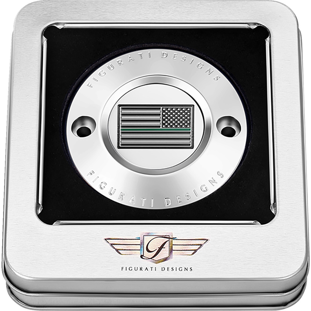 Figurati Designs #FD72-TC-2H-SS - Timing Cover - 2 Hole - Green Line American Flag - Stainless Steel