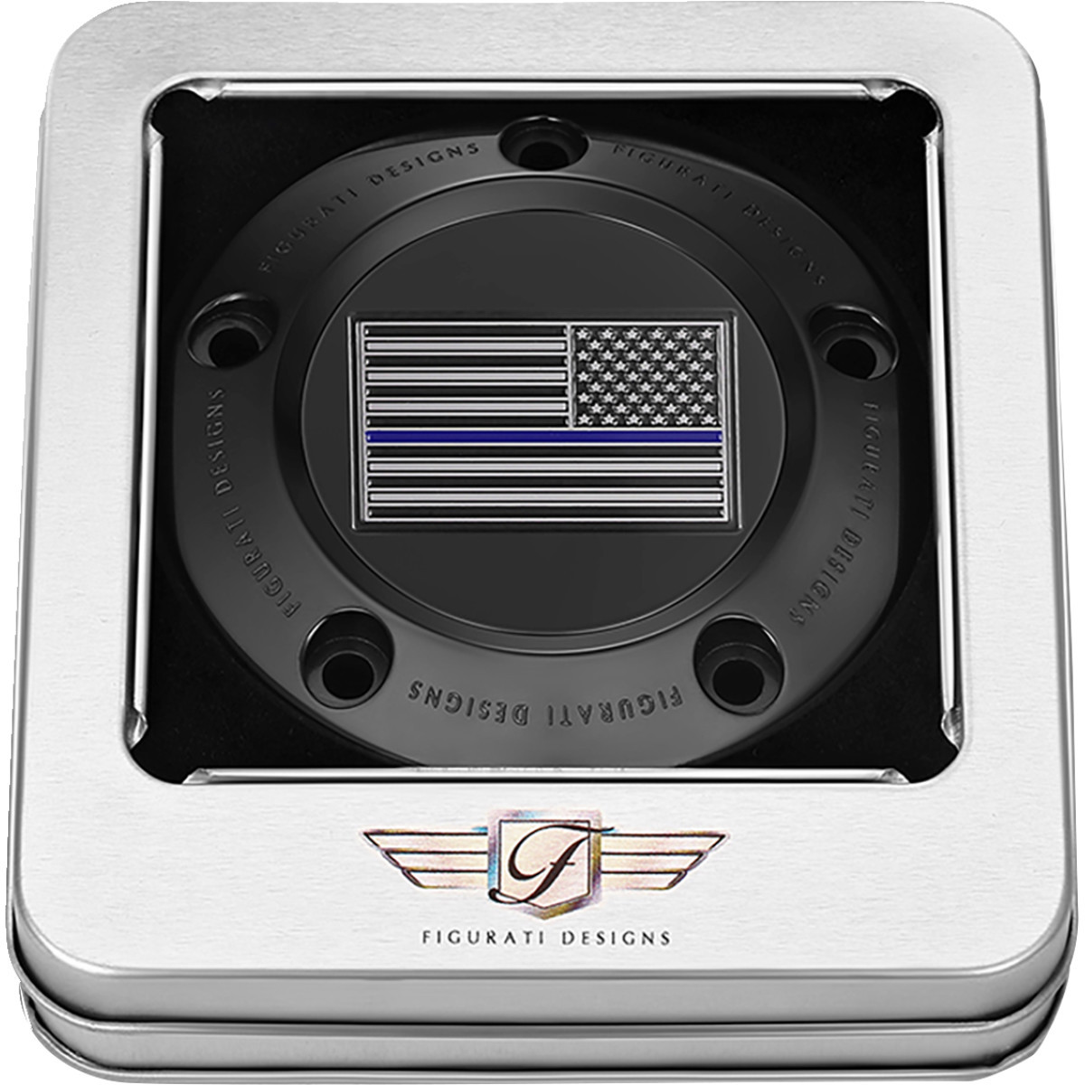 Figurati Designs #FD71-TC-5H-BLK - Timing Cover - 5 Hole - Blue Line American Flag - Black