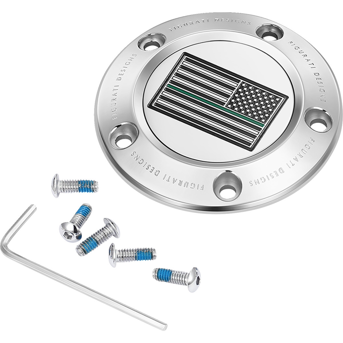 Figurati Designs #FD72-TC-5H-SS - Timing Cover - 5 Hole - Green Line American Flag - Stainless Steel
