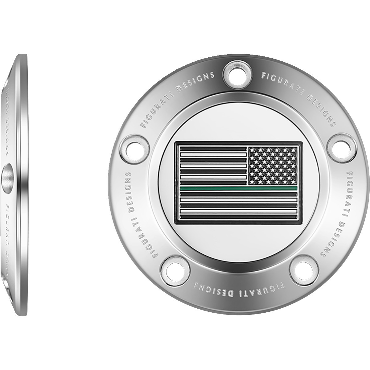 Figurati Designs #FD72-TC-5H-SS - Timing Cover - 5 Hole - Green Line American Flag - Stainless Steel