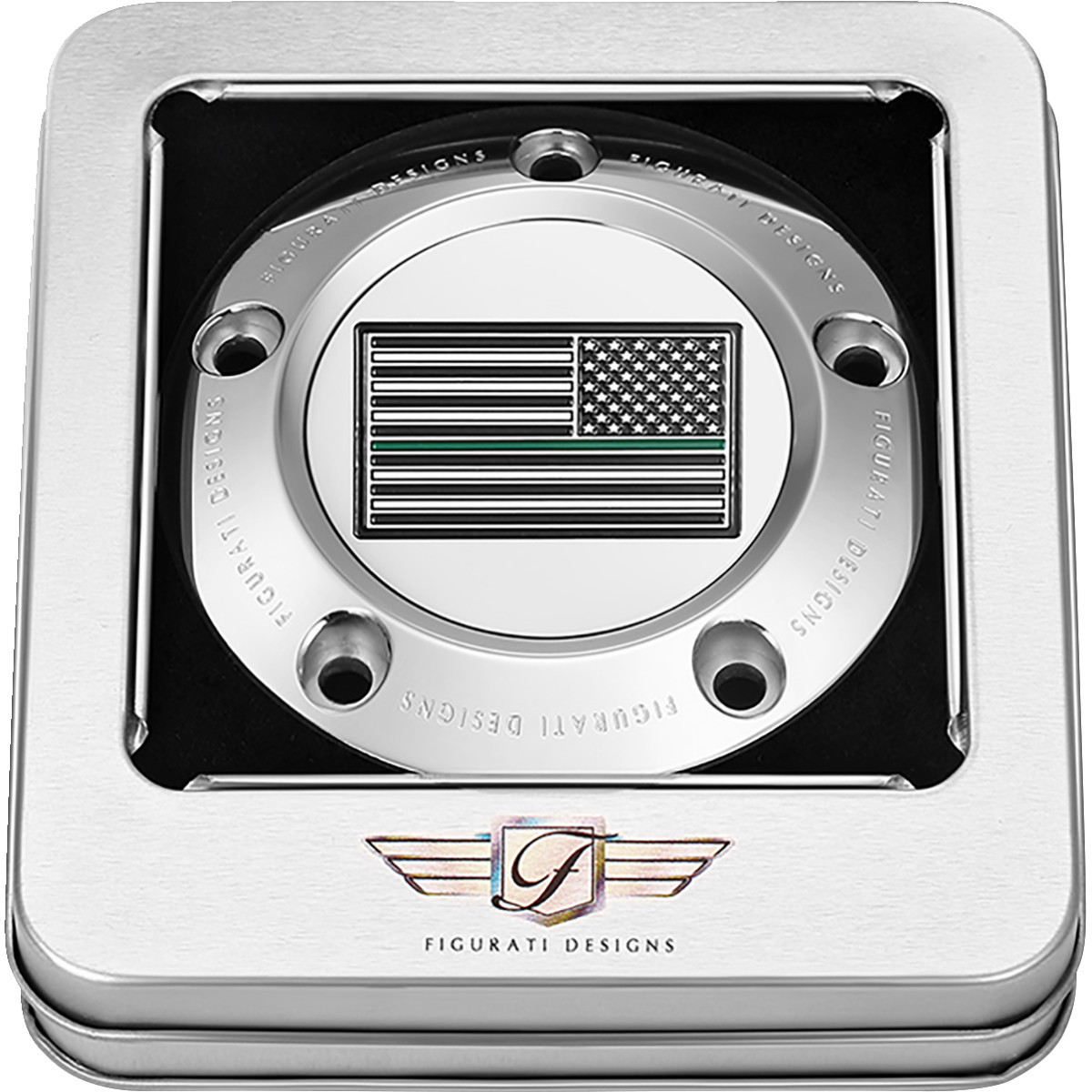 Figurati Designs #FD72-TC-5H-SS - Timing Cover - 5 Hole - Green Line American Flag - Stainless Steel