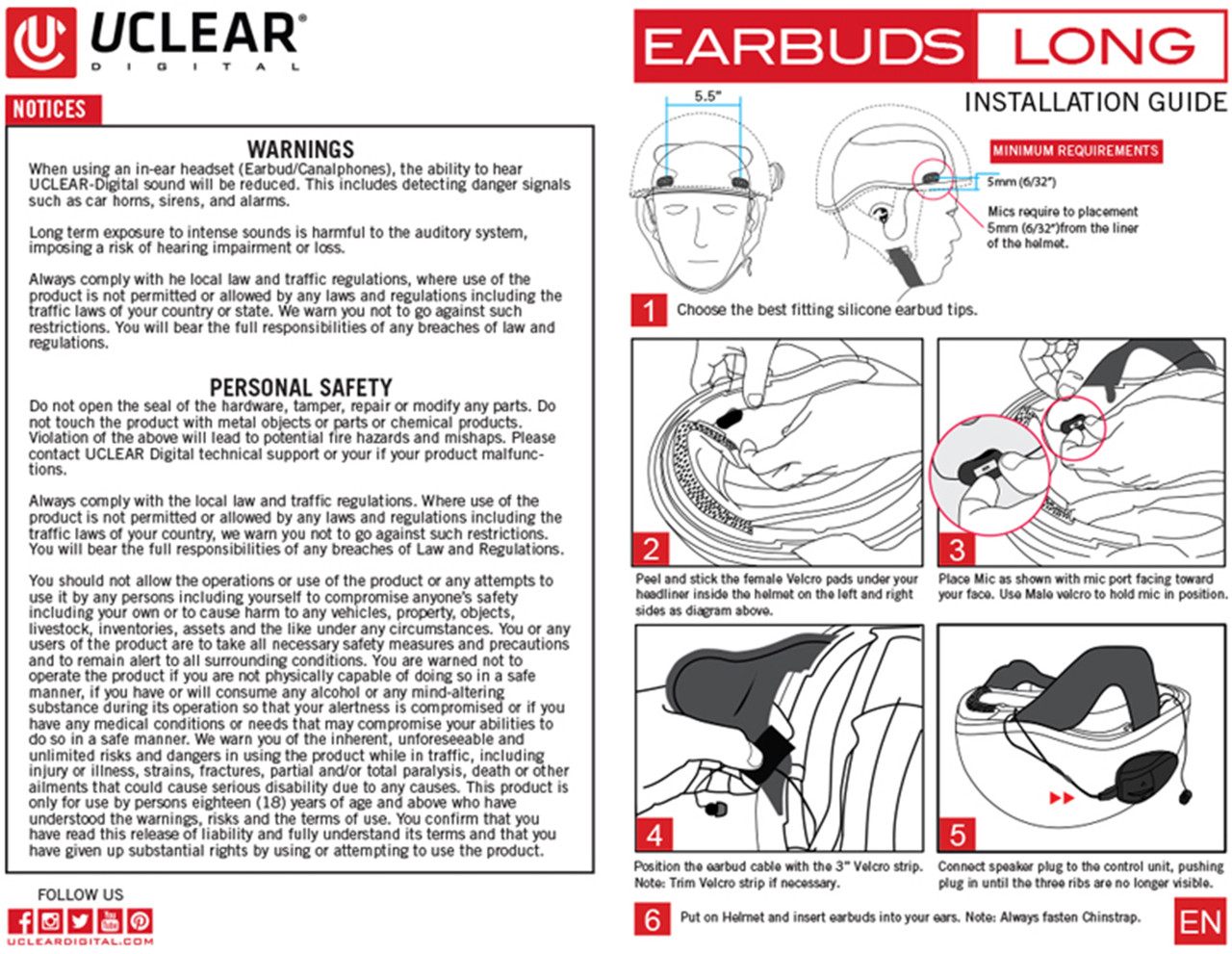 Uclear #11017 - Half Helmet Earbuds FOR HBC AND AMP Series