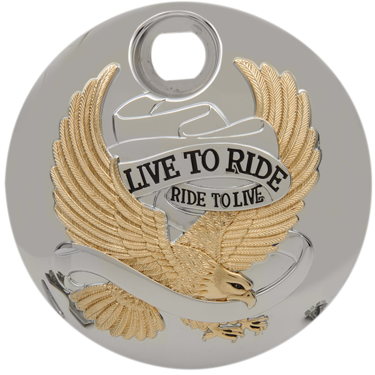 Drag Specialties - "Live to Ride" Console Door - Chrome with Gold