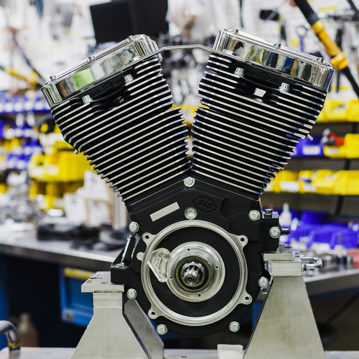 S&S Cycle #310-1159 - V124 Long Block Engine - Chrome/Wrinkle Black - Big Twin | Custom Chasis w/Alternator-Style Primary