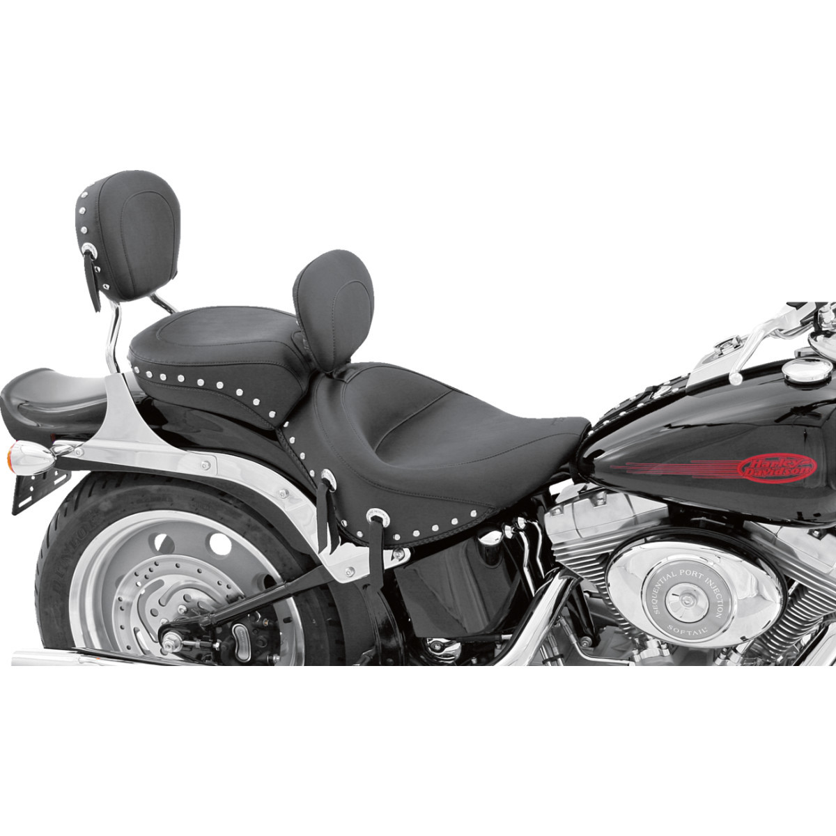 Mustang #79532 - Wide Solo Seat - With Backrest - Black - Studded w/ Concho - Softail '06-'17