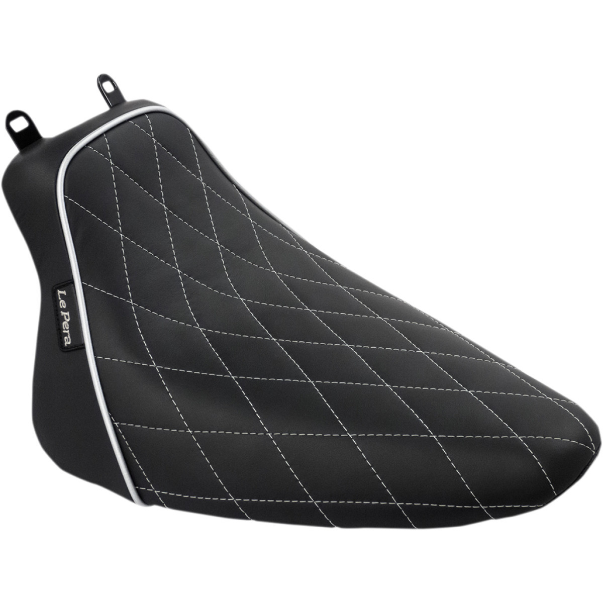 LE Pera #LXE-007DMWTP - Bare Bones Solo Seat - Diamond Stitch w/ White Stitching/Piping - Black - Softail - FL '08-'17