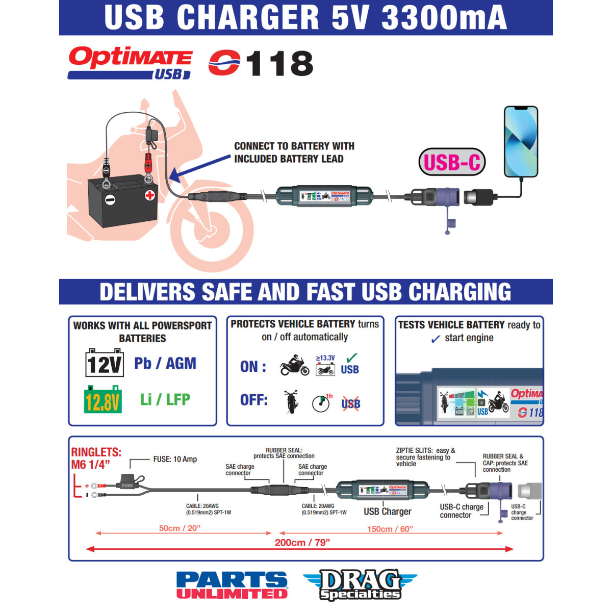 Tecmate #O-118 - Battery to USB-C Charger with SAE