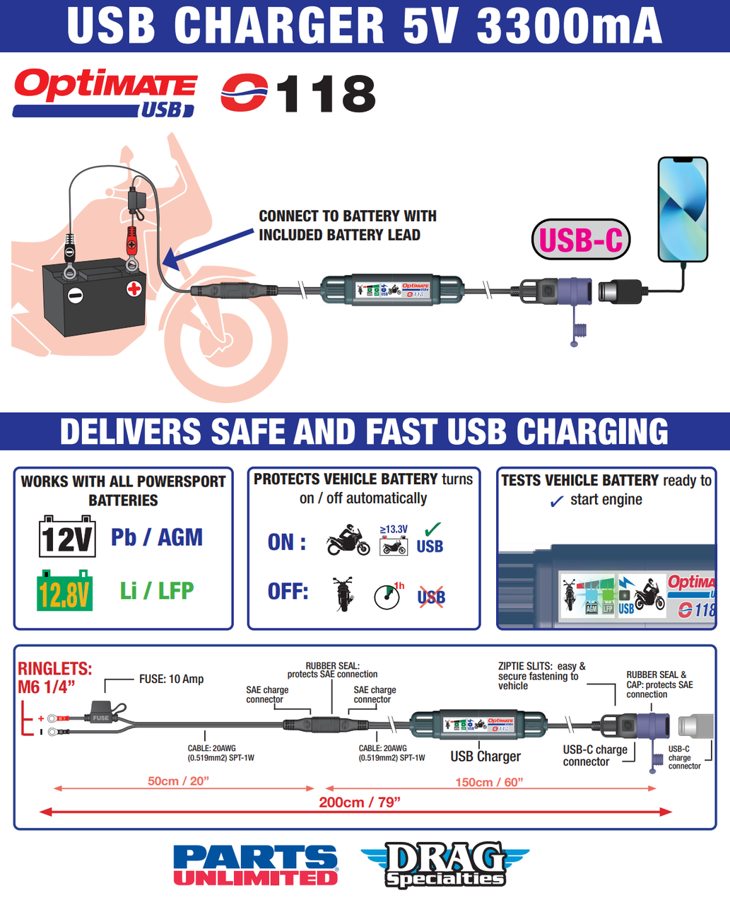 Tecmate Battery to USB-C Charger with SAE