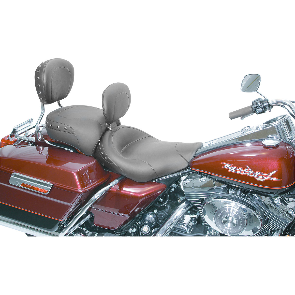 Mustang #79102 - Wide Solo Seat - With Backrest - Black - Studded w/ Concho - Road King '97-'07
