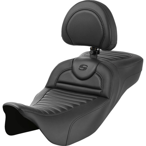 Saddlemen #808-07B-205B0 - Roadsofa™ Extended Reach Seat - with Backrest - Tuck-n-Roll - Carbon Fiber - FLH/FLT '08-'24