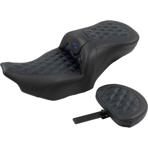 Saddlemen #823-07-206B1 - RoadSofa™ Seat - with Backrest - Carbon Fiber - Lattice Stitch - Blue Stitch - FLTR/FLHX '23-'24