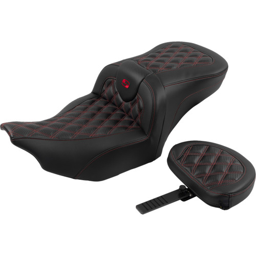 Saddlemen #823-07-206B4 - RoadSofa™ Seat - with Backrest - Carbon Fiber - Lattice Stitch - Red Stitch - FLTR/FLHX '23-'24
