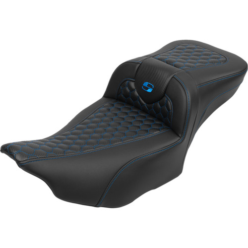 Saddlemen #823-07-190B1 - Roadsofa™ Extended Reach Seat - with Backrest - Honeycomb - Blue Stitch - FLTR/FLHX '23-'24