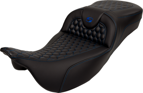 Saddlemen RoadSofa Seat - Honeycomb - Blue Stitch - Extended Reach - without Backrest - FLH/FLT '08-'24