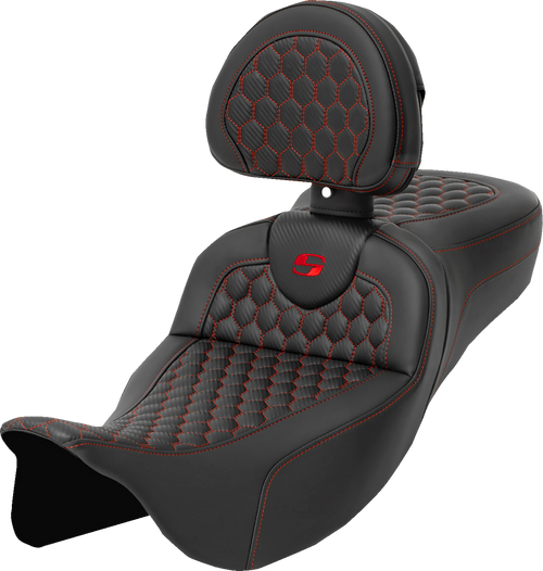 Saddlemen RoadSofa Seat - Honeycomb - Red Stitch - with Backrest - Extended Reach - FLH/FLT '08-'24