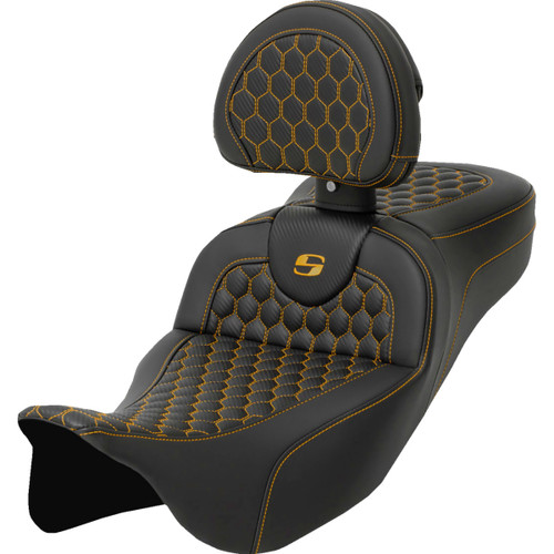 Saddlemen #808-07B-190B7 - RoadSofa™ Seat - Honeycomb - Gold Stitch - with Backrest - Extended Reach - FLH/FLT '08-'24