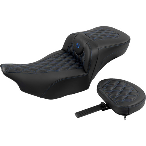 Saddlemen #823-07-207B1 - Roadsofa™ Extended Reach Seat - with Backrest - Lattice Stitch - Blue Stitch - FLTR/FLHX '23-'24