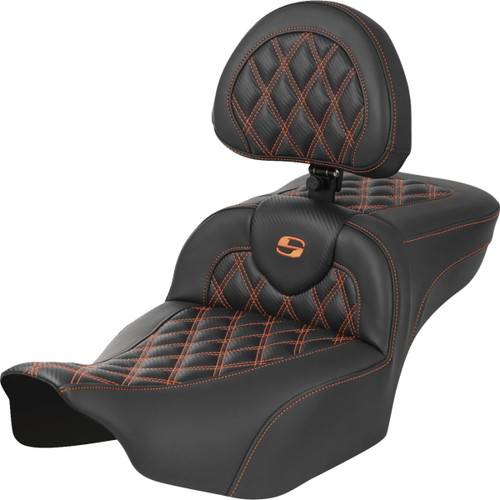 Saddlemen #823-07-207B3 - Roadsofa™ Extended Reach Seat - with Backrest - Lattice Stitch - Orange Stitch - FLTR/FLHX '23-'24