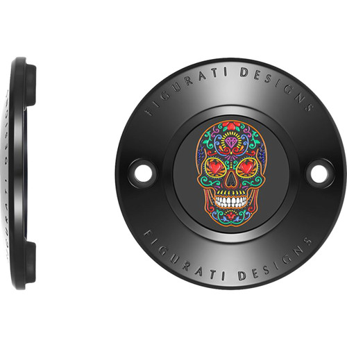 Figurati Designs #FD30-TC-2H-BLK - Timing Cover - 2 Hole - Sugar Skull - Black