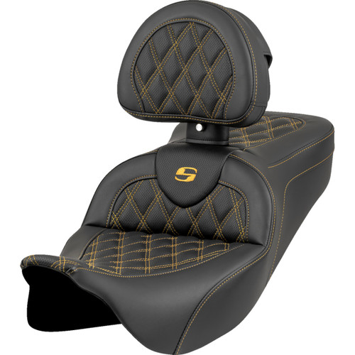 Saddlemen #808-07B-182B7 - Roadsofa™ Seat - Lattice Stitch - Gold Stitch - w/ Backrest - FL '08-'23