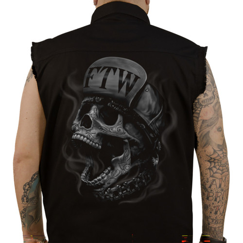 Lethal Threat #CO60193M - FTW Skull Printed Sleeveless Button Down Shirt - Black - Medium