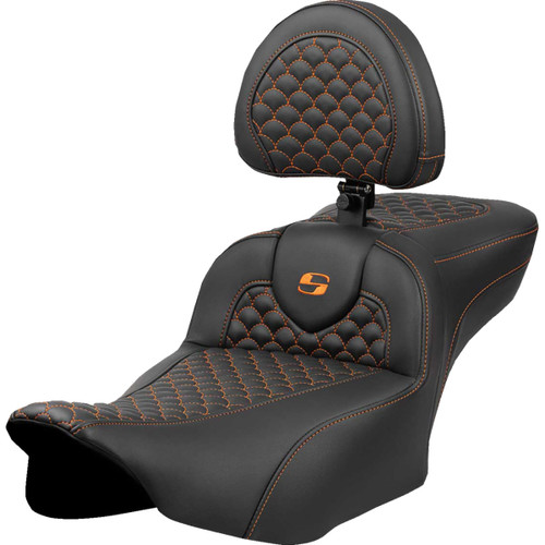 Saddlemen #823-07-209B3 - Roadsofa™ Extended Reach Seat - Dragon Scale Stitch - Orange Stitch - w/ Backrest - FLT/FLH '23-'24