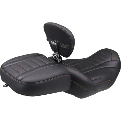 Mustang #89401MO - Deluxe Touring Solo Seat - w/ Backrest - Mandarin Orange Stitch - FLT/FLH '23-'25