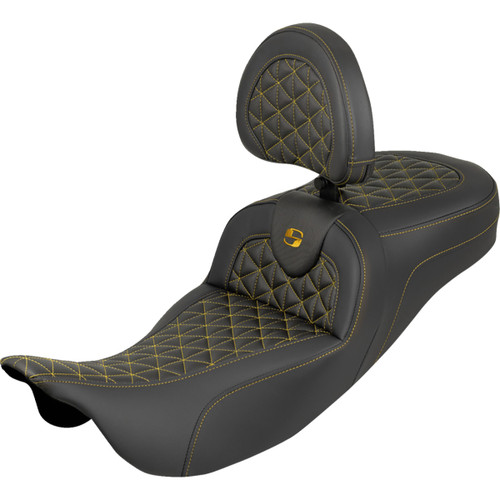 Saddlemen #808-07B-211B7 - RoadSofa™ Tri Gripper Seat - Standard Reach - Gold Stitch - w/ Backrest - FLH/FLT '08-'25