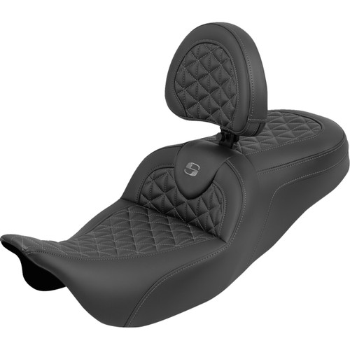 Saddlemen #808-07B-210B2 - RoadSofa™ Tri Gripper Seat - Standard Reach - Gray Stitch - w/ Backrest - FLH/FLT '08-'25