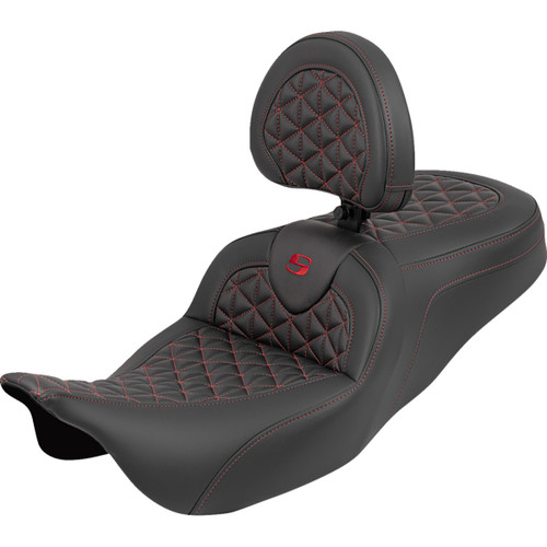 Saddlemen #808-07B-210B4 - RoadSofa™ Tri Gripper Seat - Standard Reach - Red Stitch - w/ Backrest - FLH/FLT '08-'25
