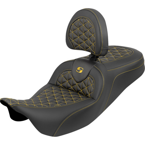 Saddlemen #808-07B-210B7 - RoadSofa™ Tri Gripper Seat - Standard Reach - Gold Stitch - w/ Backrest - FLH/FLT '08-'25