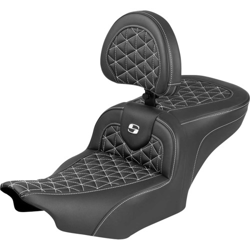 Saddlemen #823-07-210B6 - Roadsofa™ Seat - with Backrest - White Stitch - FLH/FLT '23-'25