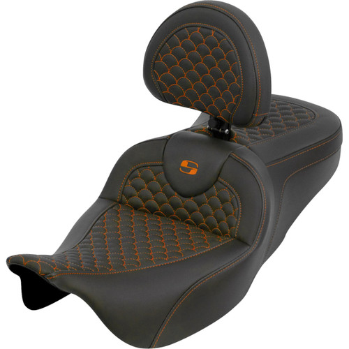 Saddlemen #808-07B-208B3 - Roadsofa™ Seat - Dragon Scale - Orange Stitch - with Backrest - Touring '08-'25