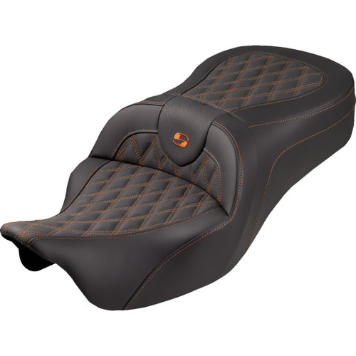Saddlemen #808-07B-182S03 - Roadsofa™ King Seat - No Backrest - Lattice Stitch - Orange Stitch - FLH/FLT '08-'25