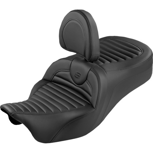 Saddlemen #808-07B-202SB0 - Roadsofa™ King Seat - With Backrest - Tuck-n-Roll - Black Stitch - FLH/FLT '08-'25