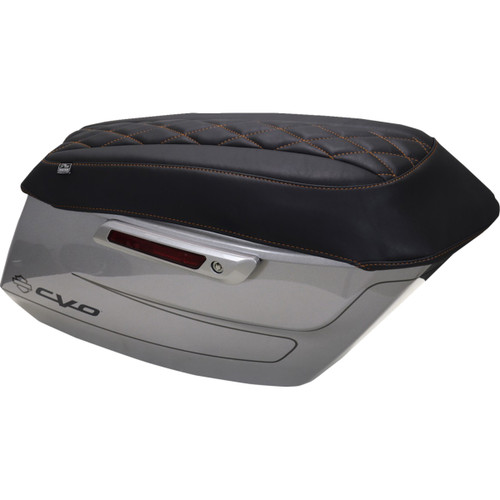 Mustang #88470MO - Deluxe Diamond Saddlebag Lid Cover - Black w/ Mandarin Orange Stitch - FLH/FLT '23-'25