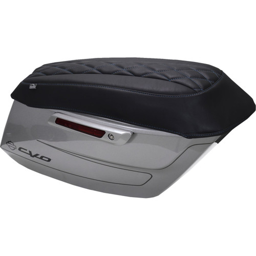 Mustang #88470SB - Deluxe Diamond Saddlebag Lid Cover - Black w/ Sky Blue Stitch - FLH/FLT '23-'25