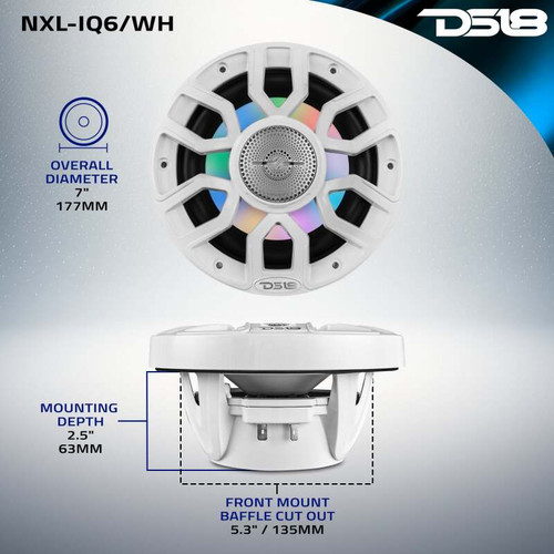 DS18 NXL-IQ6/WH DS18 Marine 6.5in 2-Way 150 Watts RMS 4 ohm Digital LED Lights Bullet Tweeter Covers Included White