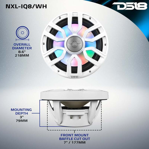 DS18 NXL-IQ8/WH DS18 Marine 8in 2-Way 175 Watts RMS 4 ohm Digital LED Lights Bullet Tweeter Covers Included White