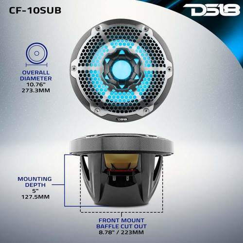 DS18 CF-10SUB DS18 NXL Marine Subwoofer With RGB LEDs 10in 300 Watts RMS 4 ohm SVC Black Carbon Fiber