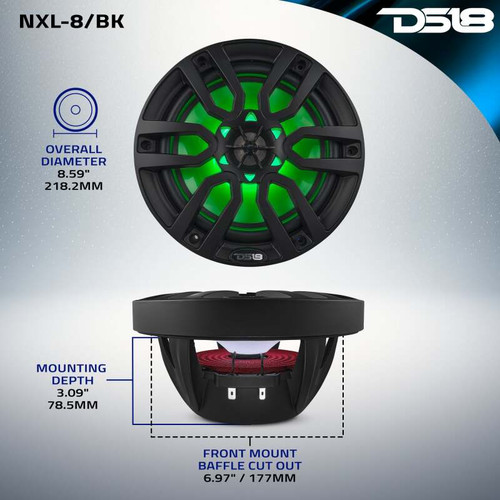 DS18 NXL-8/BK DS18 NXL Series Coaxial Marine Speakers w/ RGB Lights 8in 2-Way 125 Watts RMS 4 ohm Black