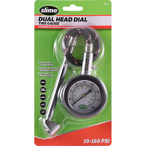 Slime #2020-A - Tire Pressure Gauge - Dual Head/Dial - 10 psi -160 psi