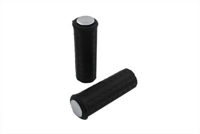 V-Twin #17-0507BK - Black Waffle Handlebar Grip Set with Chrome Plugs