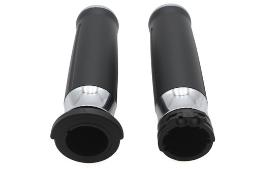 V-Twin #3309DB - Black Grip Set with Chrome End Caps