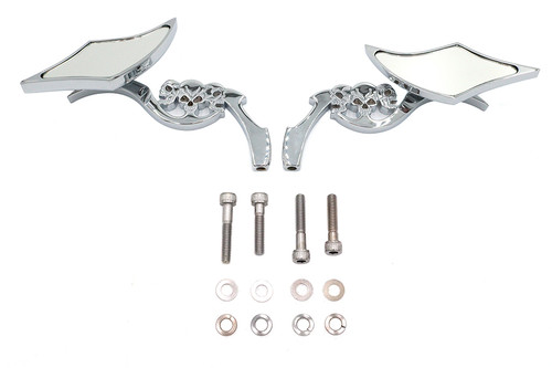 Wyatt Gatling #76489B4 - Diamond Shaped Mirror Set with Billet Tri Skull Stems